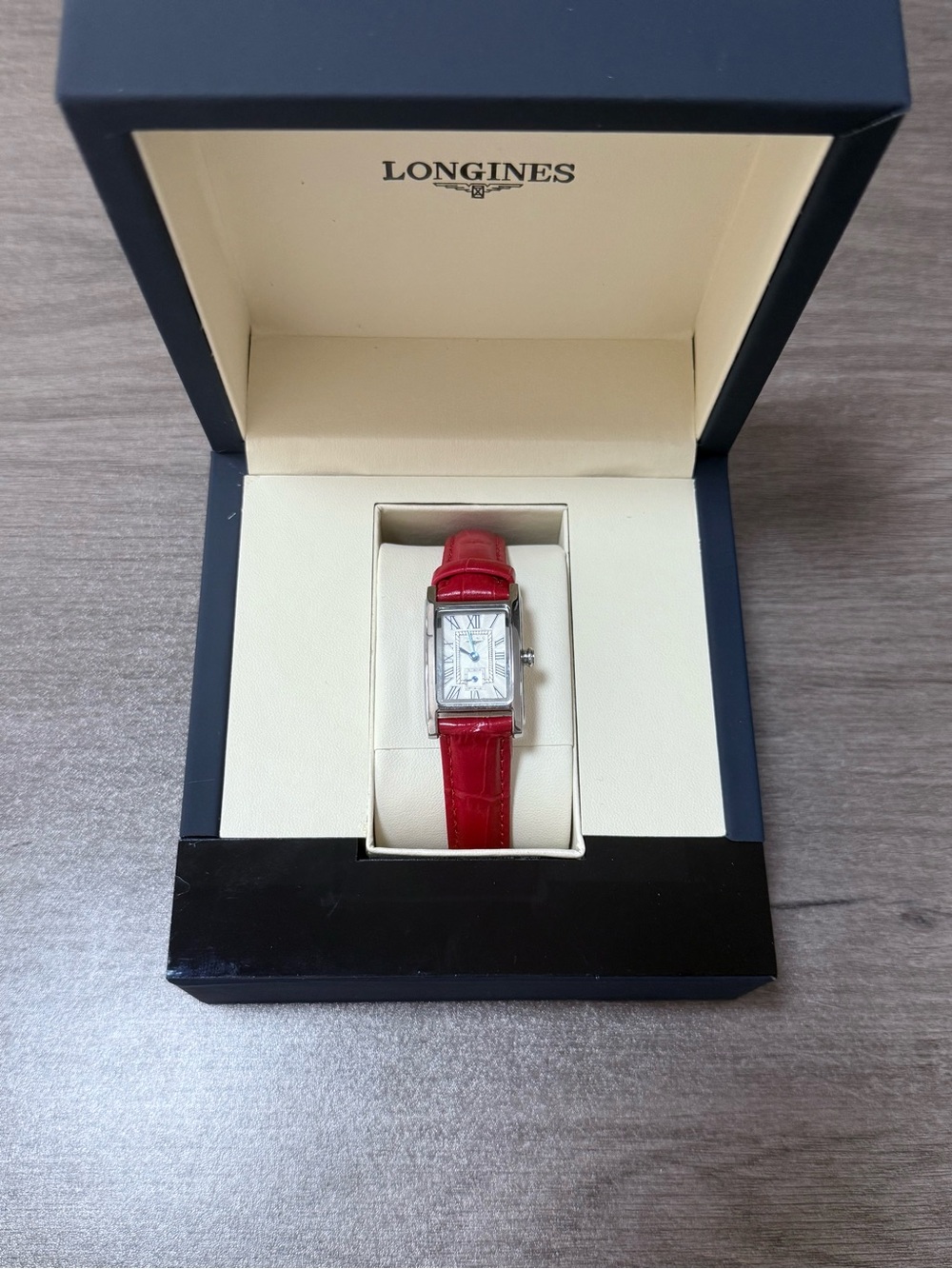 Longines Rectangular Silver Case Watch with Red Strap